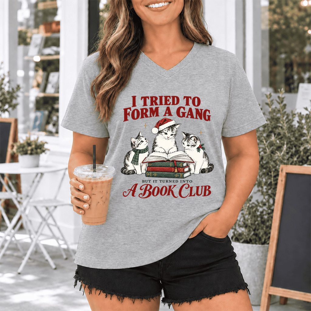 I Tried To Form A Gang Ultra-Soft V-Neck | Christmas Cat Reader Club Gift Athletic Heather