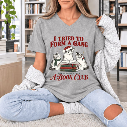 I Tried To Form A Gang Ultra-Soft V-Neck | Christmas Cat Reader Club Gift Athletic Heather