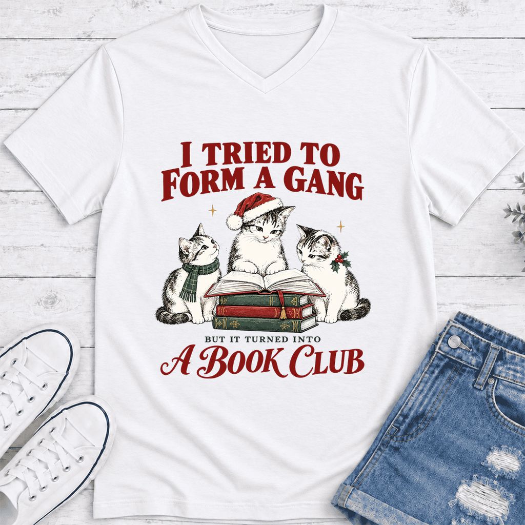 I Tried To Form A Gang Ultra-Soft V-Neck | Christmas Cat Reader Club Gift White