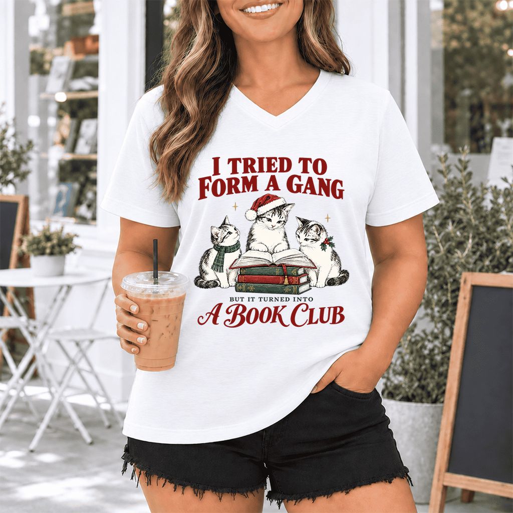 I Tried To Form A Gang Ultra-Soft V-Neck | Christmas Cat Reader Club Gift White