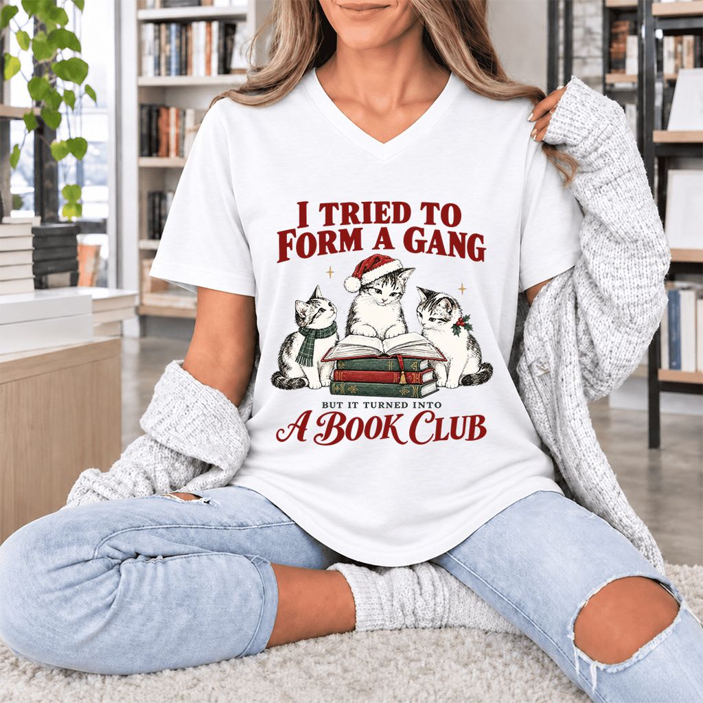 I Tried To Form A Gang Ultra-Soft V-Neck | Christmas Cat Reader Club Gift White