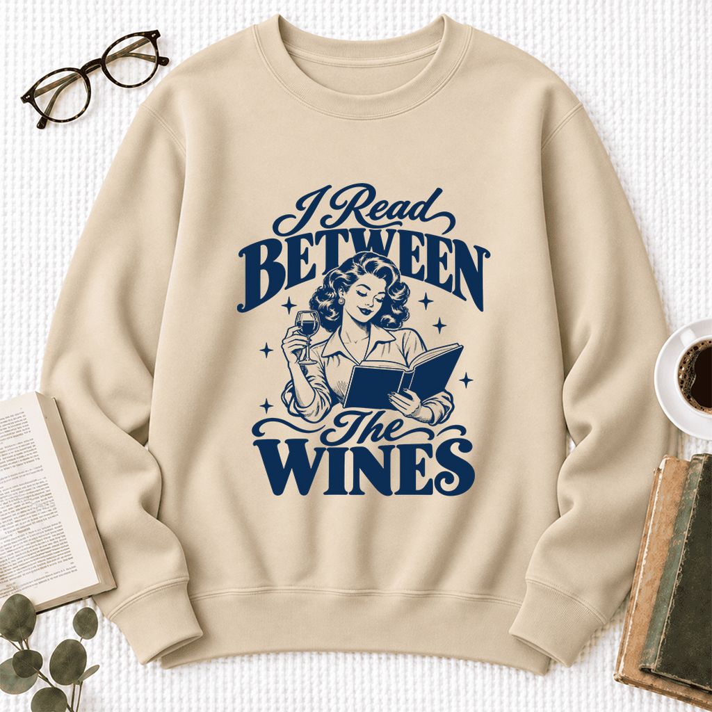 I Read Between The Wines Softstyle Sweatshirt | Cozy Book Lover Gift Sand