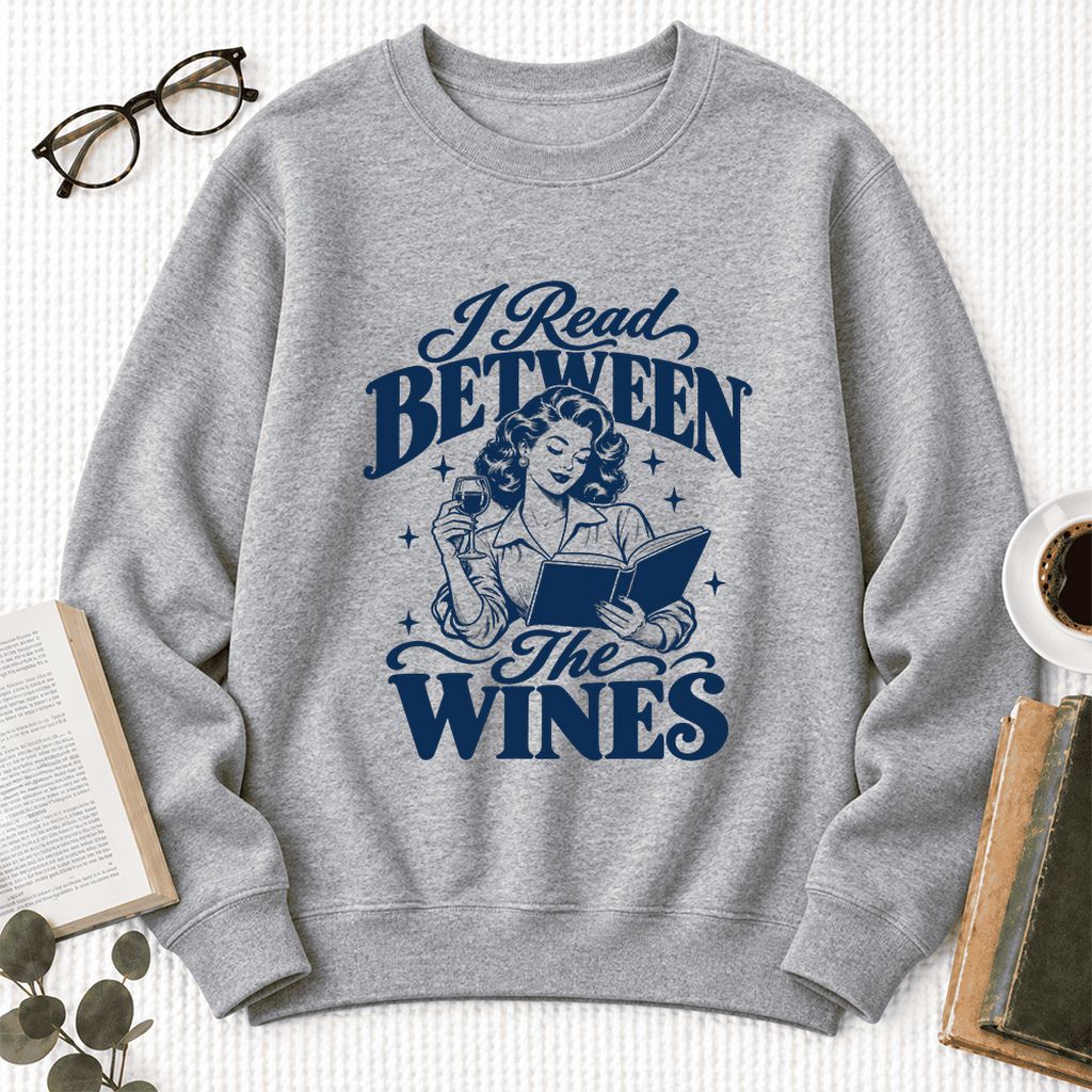 I Read Between The Wines Softstyle Sweatshirt | Cozy Book Lover Gift Sport Grey