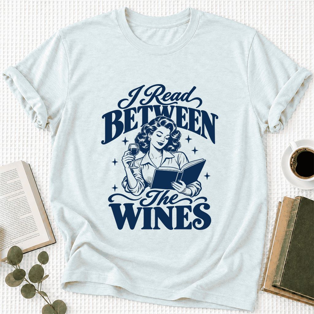 I Read Between The Wines Ultra-Soft Cotton T-Shirt | Cozy Book Lover Gift Heather Ice Blue