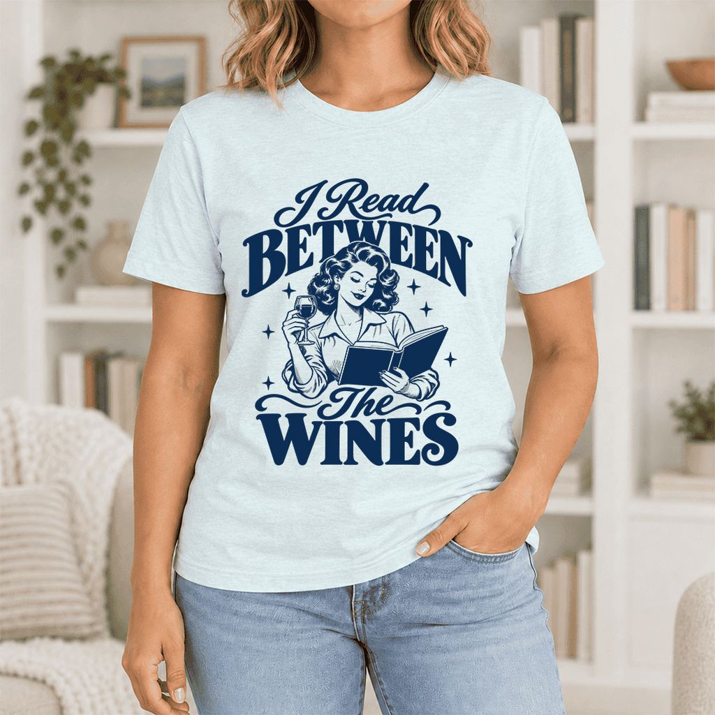 I Read Between The Wines Ultra-Soft Cotton T-Shirt | Cozy Book Lover Gift Heather Ice Blue