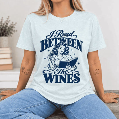 I Read Between The Wines Ultra-Soft Cotton T-Shirt | Cozy Book Lover Gift Heather Ice Blue