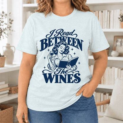 I Read Between The Wines Ultra-Soft Cotton T-Shirt | Cozy Book Lover Gift Heather Ice Blue