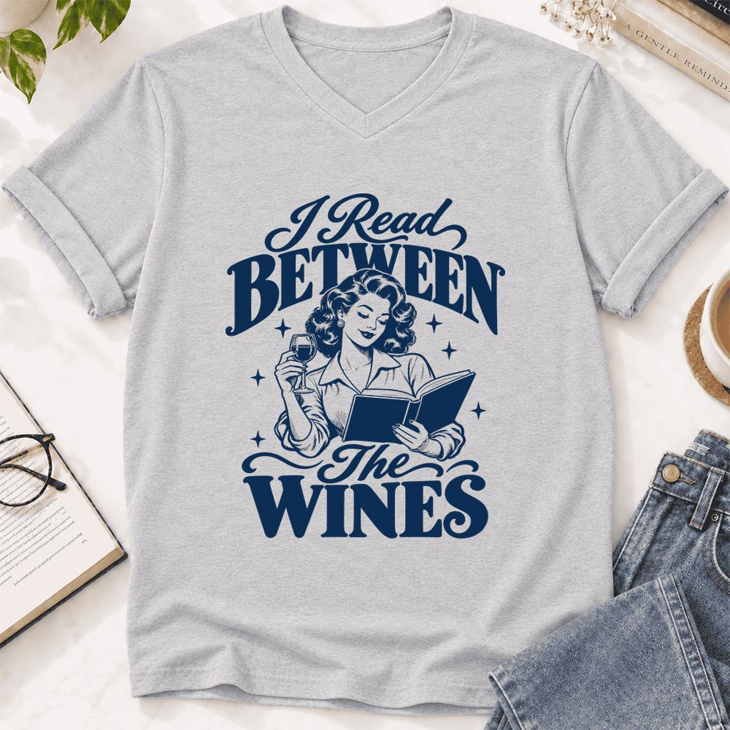 I Read Between The Wines Ultra-Soft V-Neck | Cozy Book Lover Gift Ash
