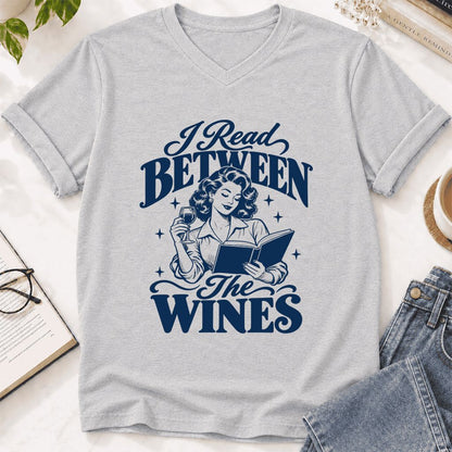 I Read Between The Wines Ultra-Soft V-Neck | Cozy Book Lover Gift Ash