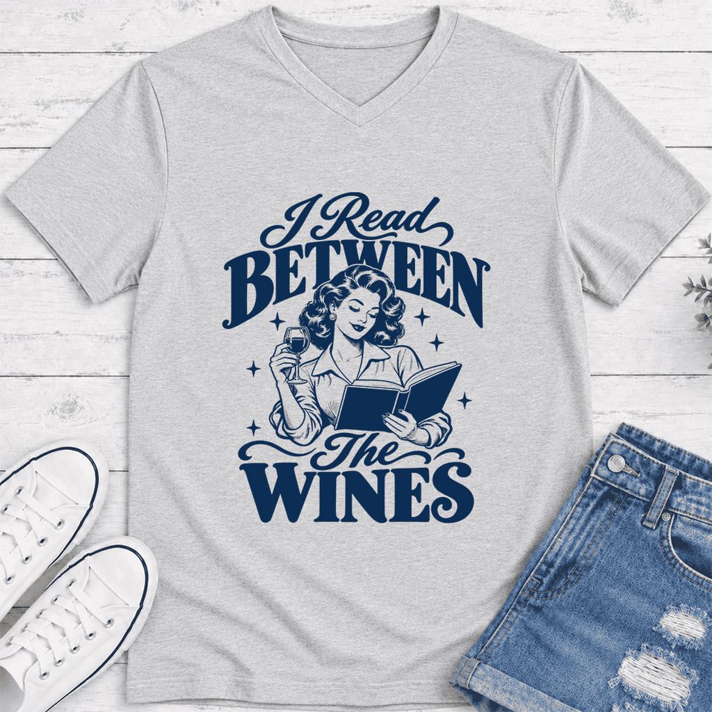 I Read Between The Wines Ultra-Soft V-Neck | Cozy Book Lover Gift Ash
