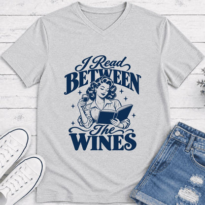 I Read Between The Wines Ultra-Soft V-Neck | Cozy Book Lover Gift Ash