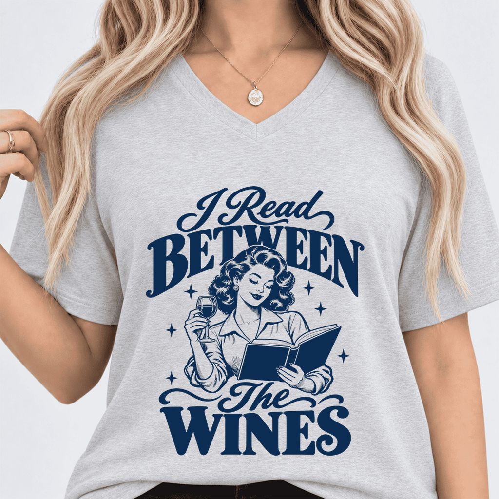I Read Between The Wines Ultra-Soft V-Neck | Cozy Book Lover Gift Ash