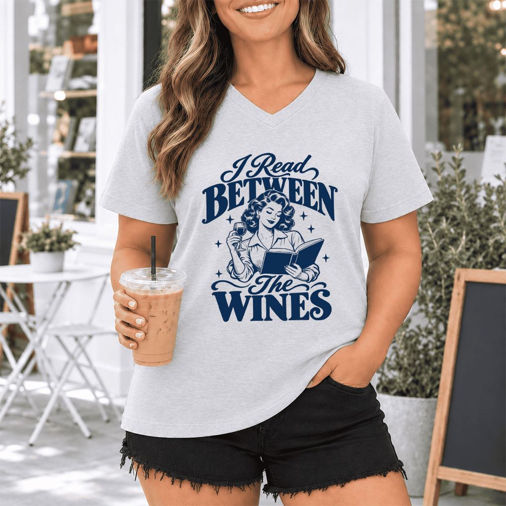 I Read Between The Wines Ultra-Soft V-Neck | Cozy Book Lover Gift Ash