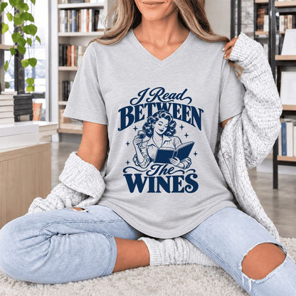 I Read Between The Wines Ultra-Soft V-Neck | Cozy Book Lover Gift Ash
