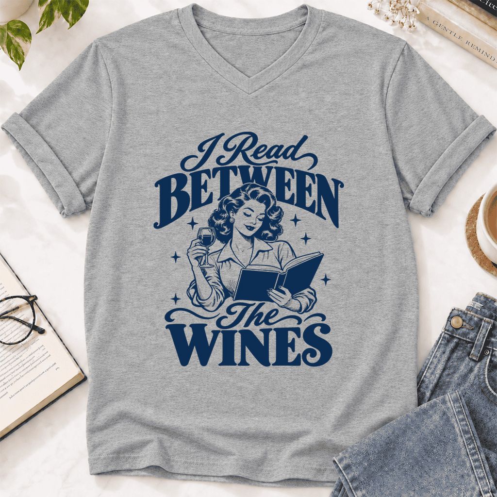 I Read Between The Wines Ultra-Soft V-Neck | Cozy Book Lover Gift Athletic Heather