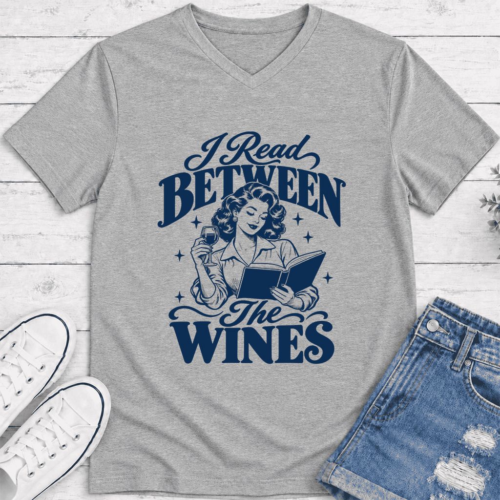 I Read Between The Wines Ultra-Soft V-Neck | Cozy Book Lover Gift Athletic Heather