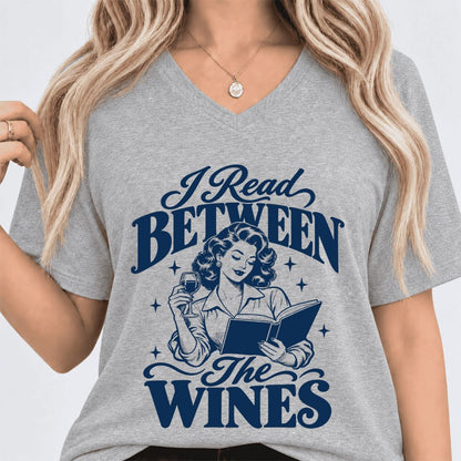 I Read Between The Wines Ultra-Soft V-Neck | Cozy Book Lover Gift Athletic Heather