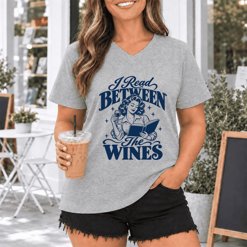 I Read Between The Wines Ultra-Soft V-Neck | Cozy Book Lover Gift Athletic Heather
