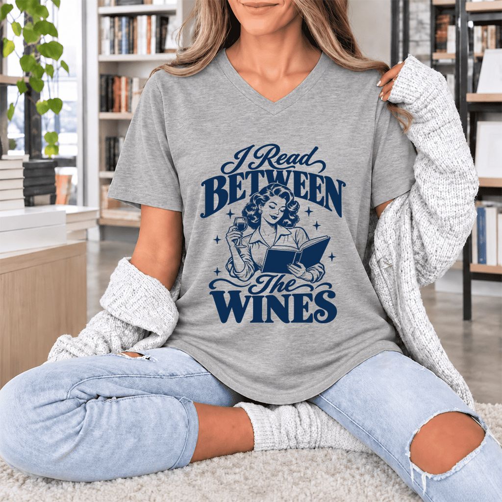 I Read Between The Wines Ultra-Soft V-Neck | Cozy Book Lover Gift Athletic Heather