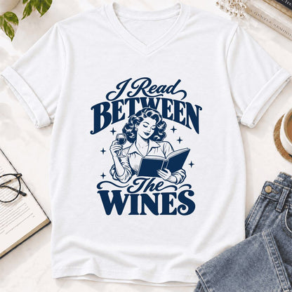 I Read Between The Wines Ultra-Soft V-Neck | Cozy Book Lover Gift White