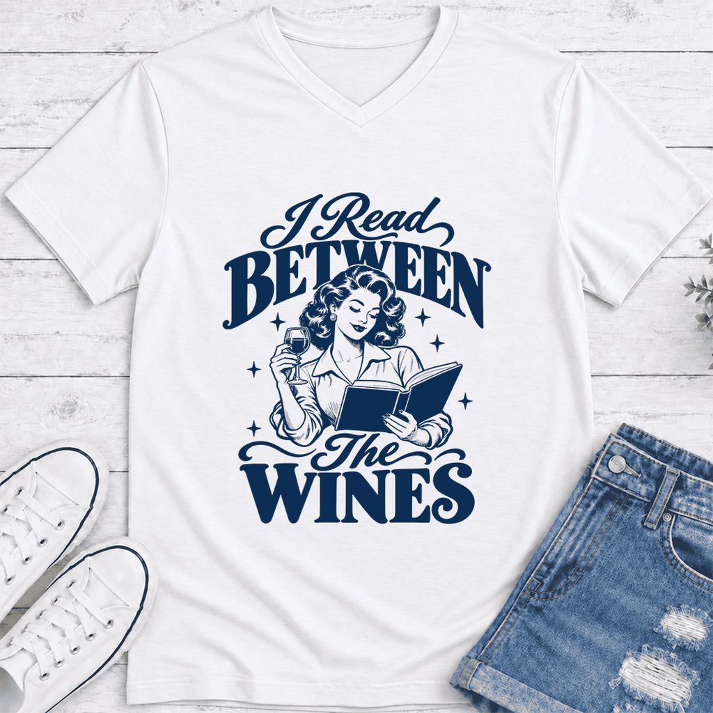 I Read Between The Wines Ultra-Soft V-Neck | Cozy Book Lover Gift White