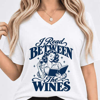 I Read Between The Wines Ultra-Soft V-Neck | Cozy Book Lover Gift White