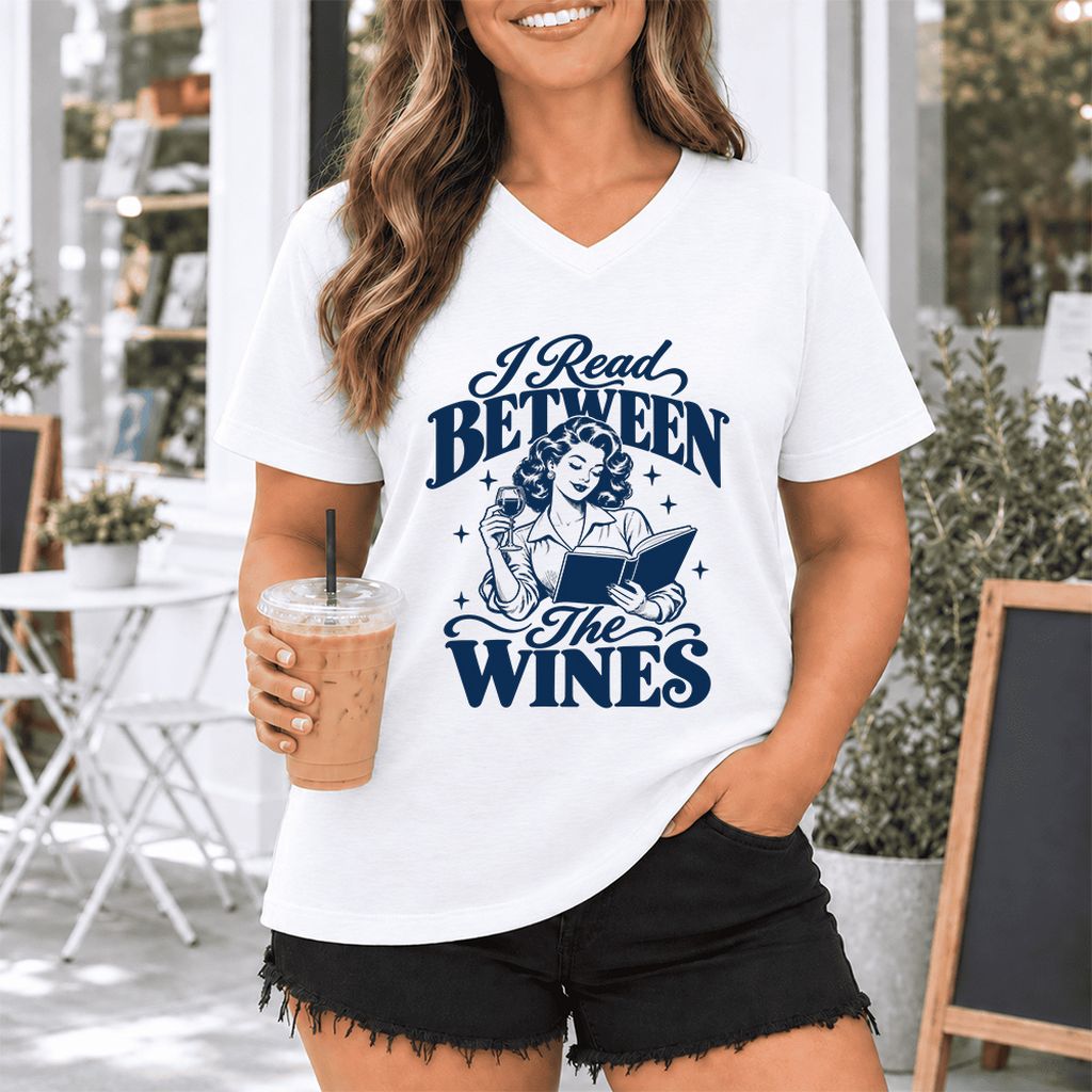 I Read Between The Wines Ultra-Soft V-Neck | Cozy Book Lover Gift White