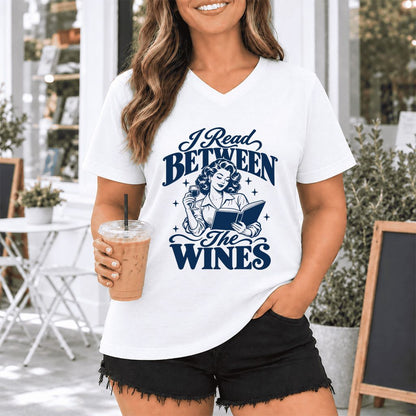 I Read Between The Wines Ultra-Soft V-Neck | Cozy Book Lover Gift White