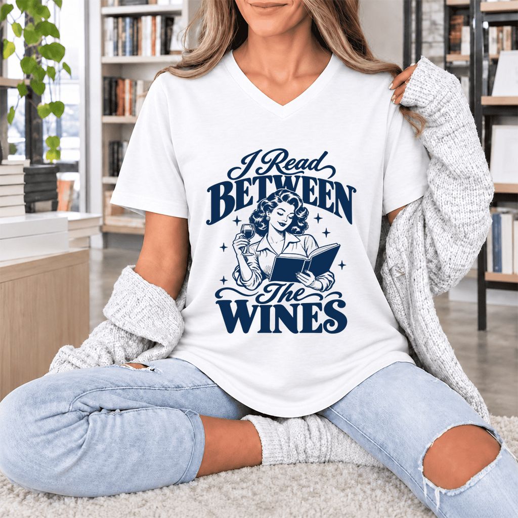 I Read Between The Wines Ultra-Soft V-Neck | Cozy Book Lover Gift White