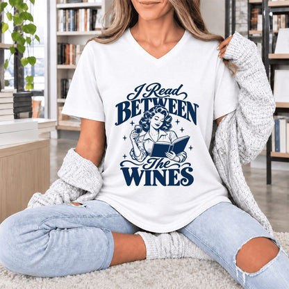 I Read Between The Wines Ultra-Soft V-Neck | Cozy Book Lover Gift White