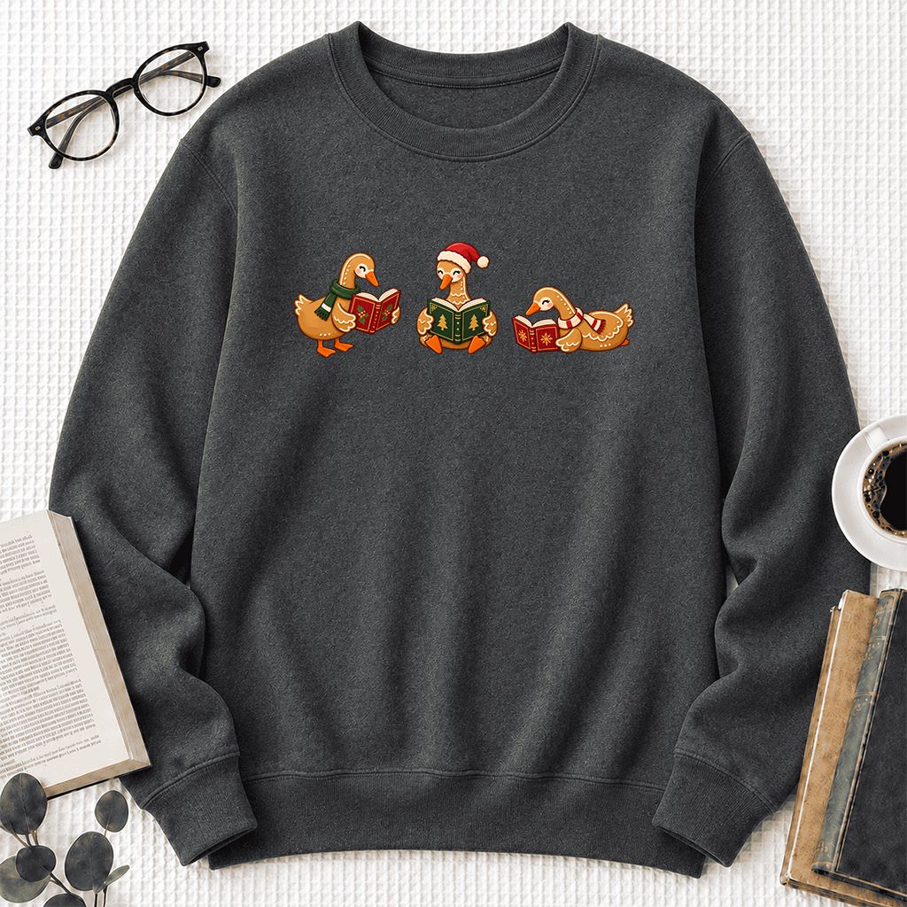 Gingerbread Ducks Reading Printed Sweatshirt | Christmas Gift Dark Heather
