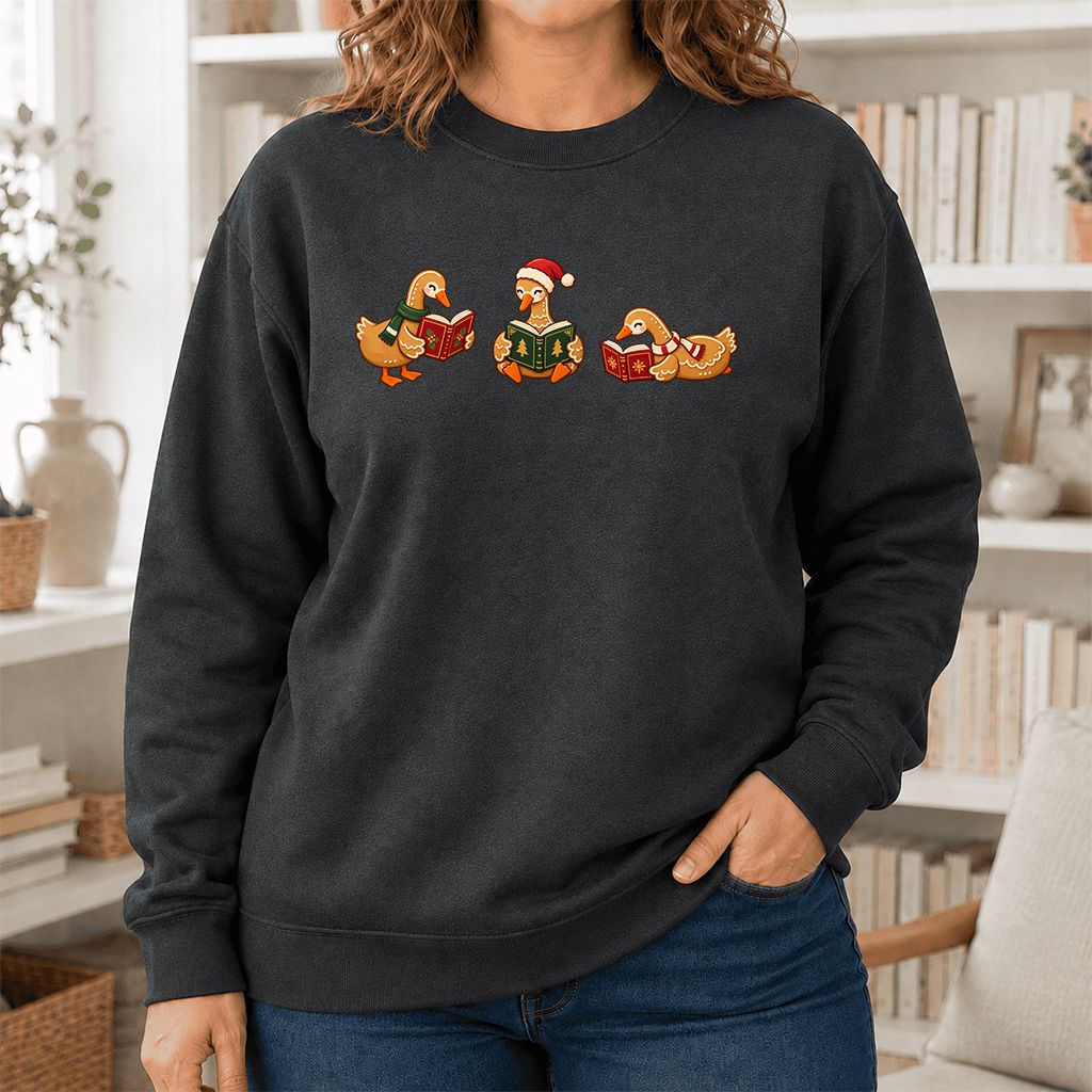 Gingerbread Ducks Reading Printed Sweatshirt | Christmas Gift Dark Heather