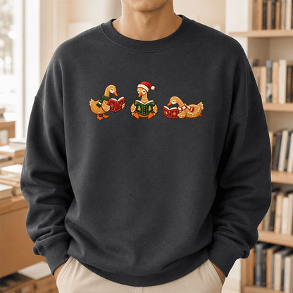Gingerbread Ducks Reading Printed Sweatshirt | Christmas Gift Dark Heather