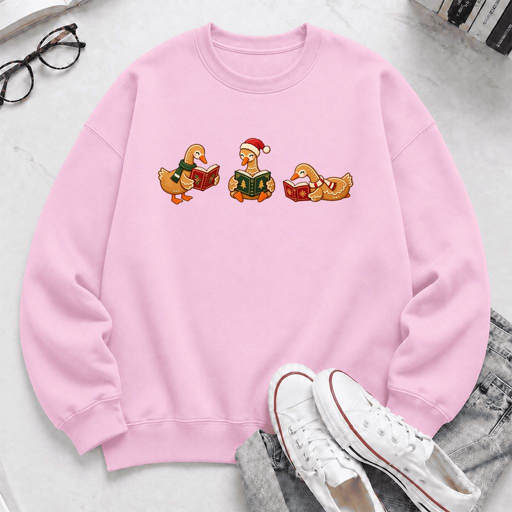 Gingerbread Ducks Reading Printed Sweatshirt | Christmas Gift Light Pink