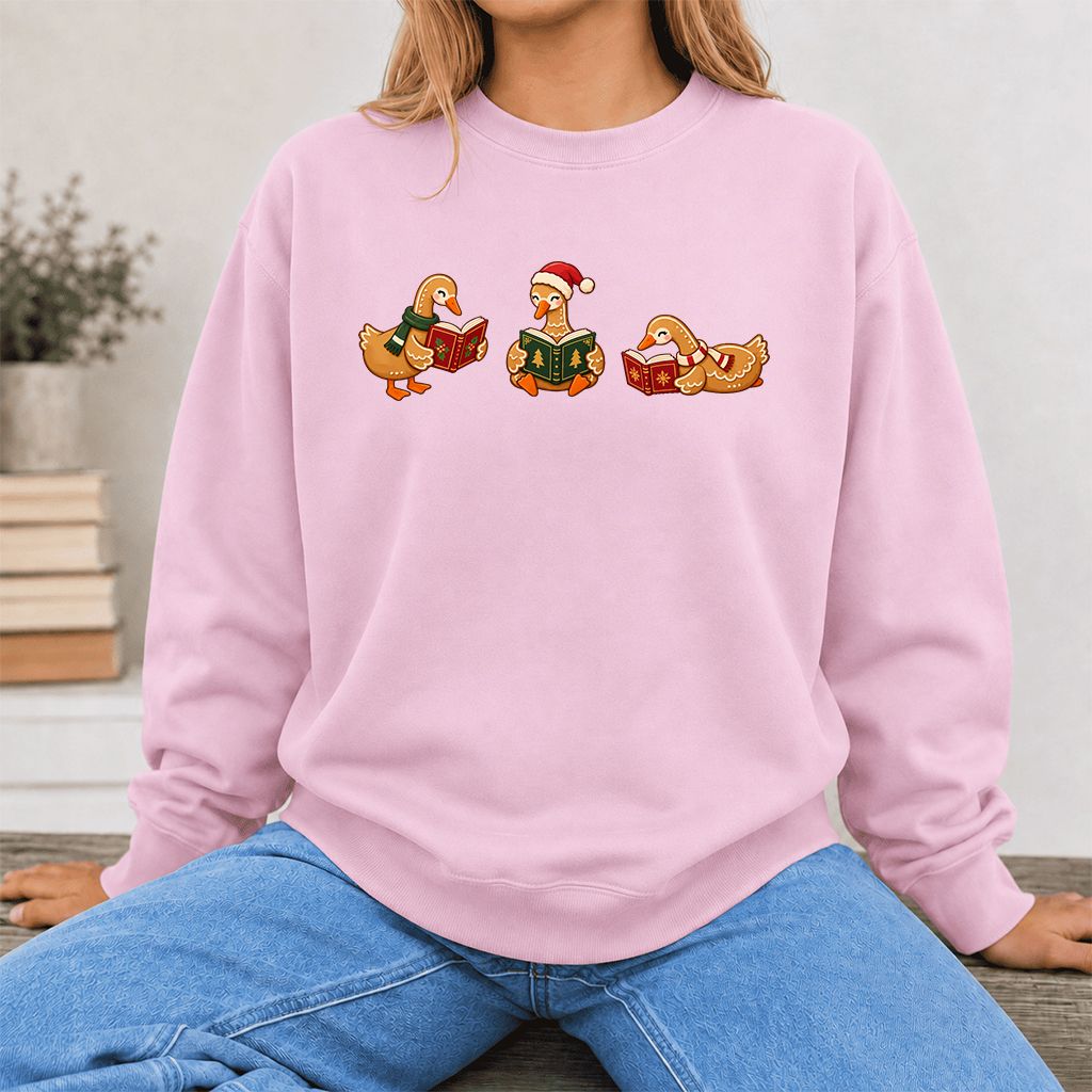 Gingerbread Ducks Reading Printed Sweatshirt | Christmas Gift Light Pink
