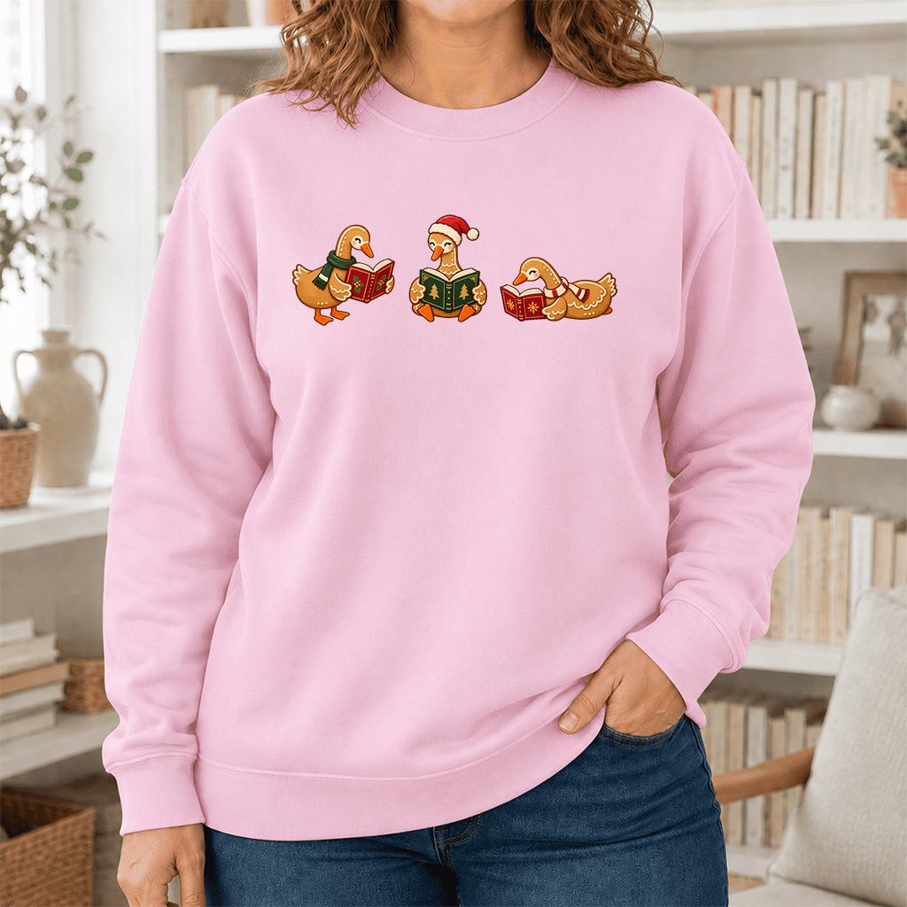 Gingerbread Ducks Reading Printed Sweatshirt | Christmas Gift Light Pink