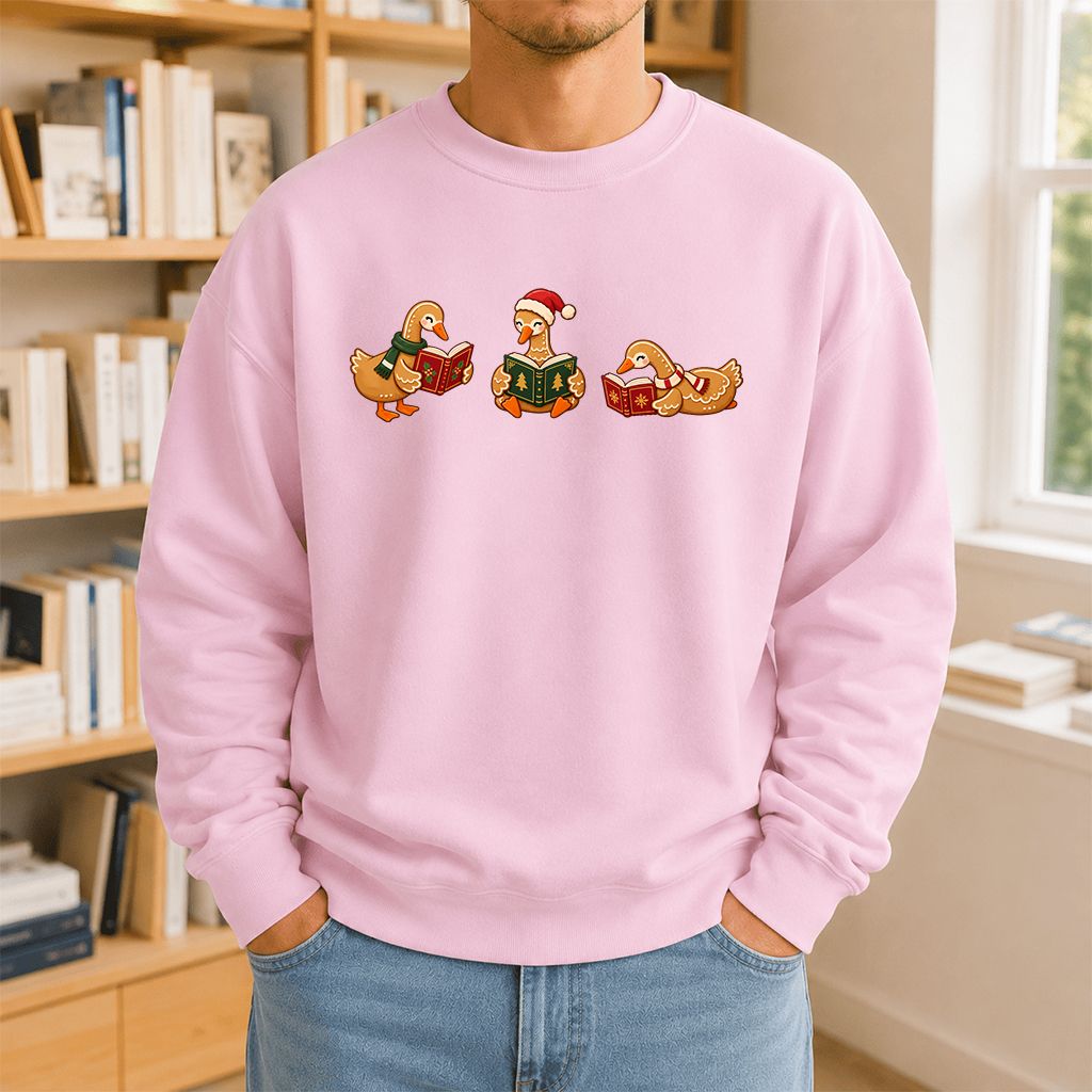Gingerbread Ducks Reading Printed Sweatshirt | Christmas Gift Light Pink