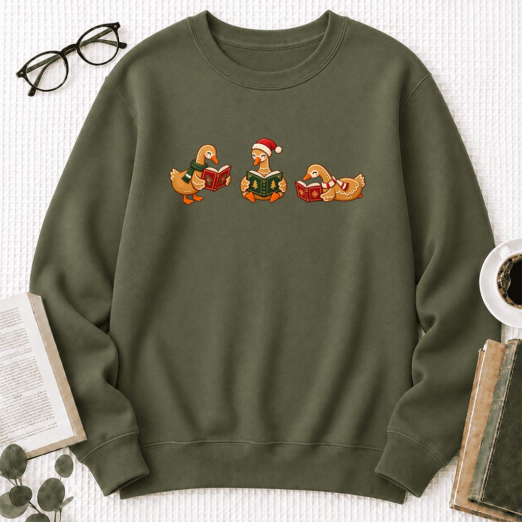 Gingerbread Ducks Reading Printed Sweatshirt | Christmas Gift Military Green