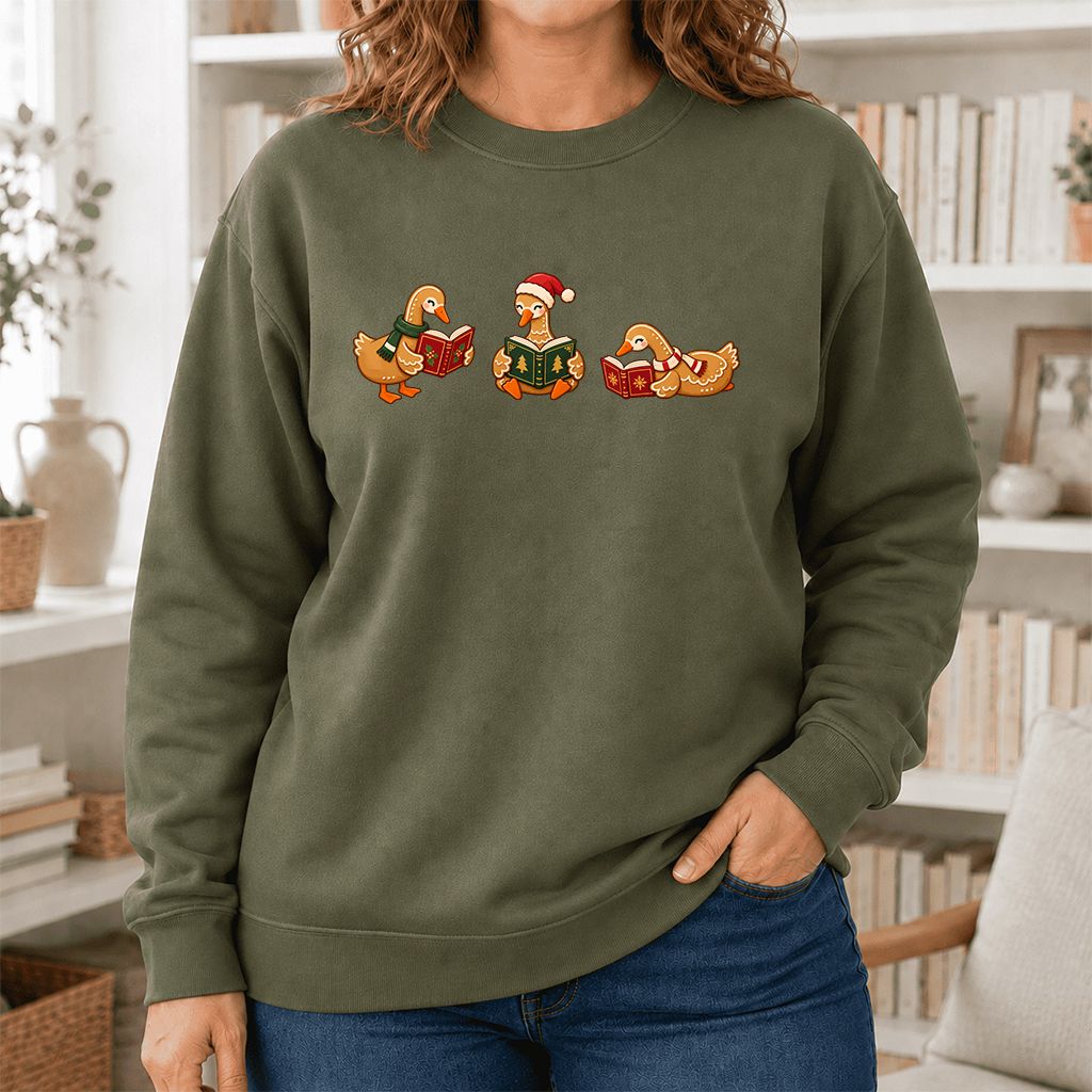 Gingerbread Ducks Reading Printed Sweatshirt | Christmas Gift Military Green