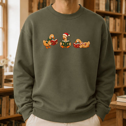 Gingerbread Ducks Reading Printed Sweatshirt | Christmas Gift Military Green