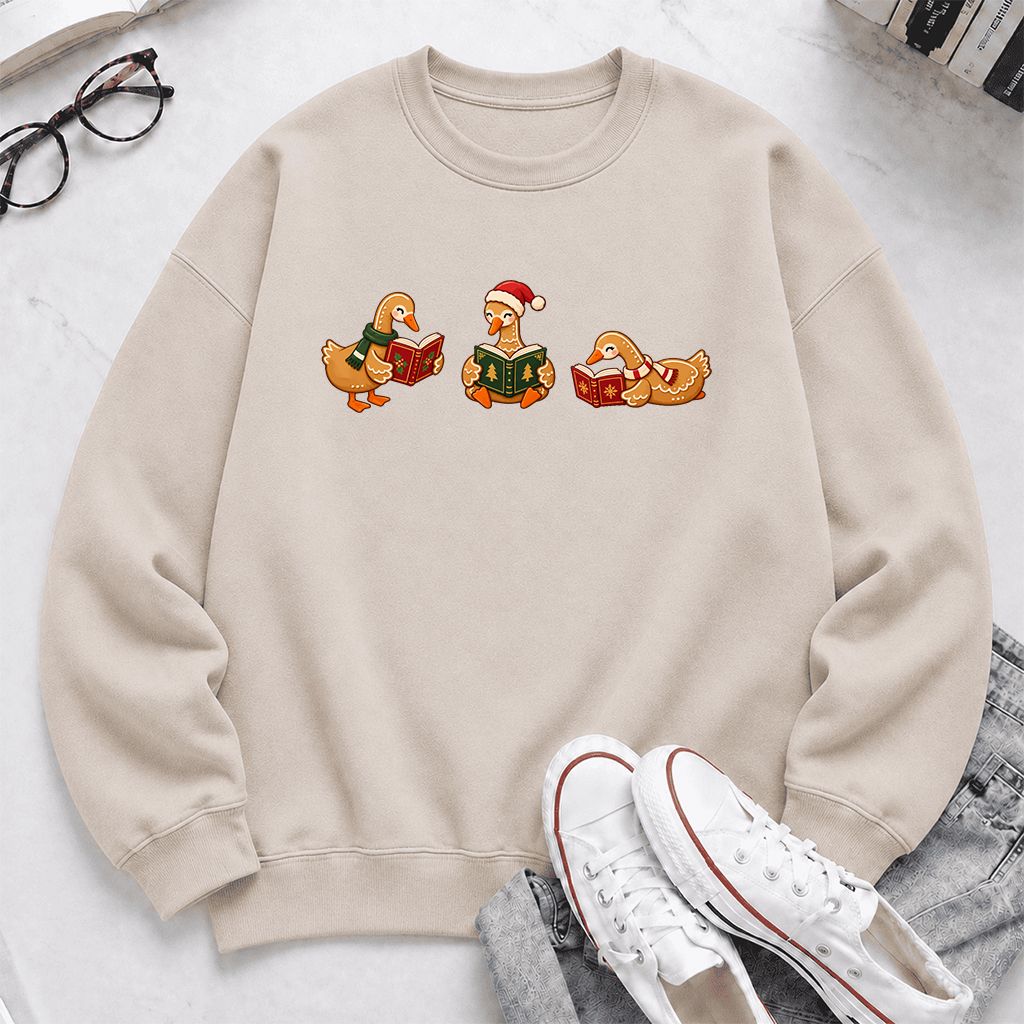 Gingerbread Ducks Reading Printed Sweatshirt | Christmas Gift Sand