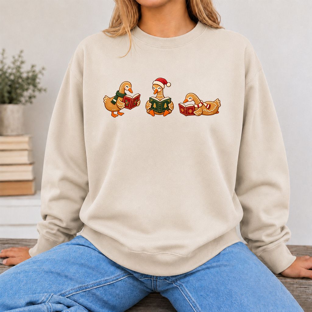 Gingerbread Ducks Reading Printed Sweatshirt | Christmas Gift Sand