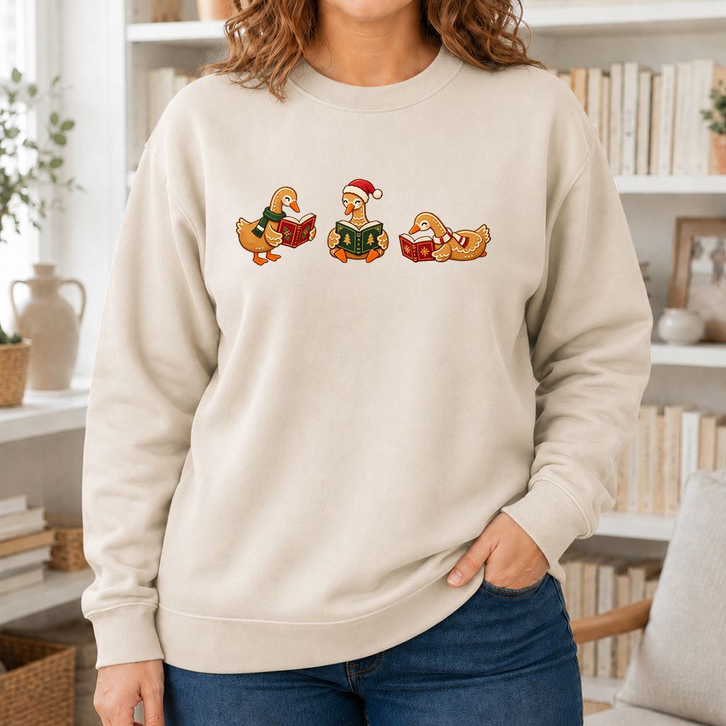 Gingerbread Ducks Reading Printed Sweatshirt | Christmas Gift Sand
