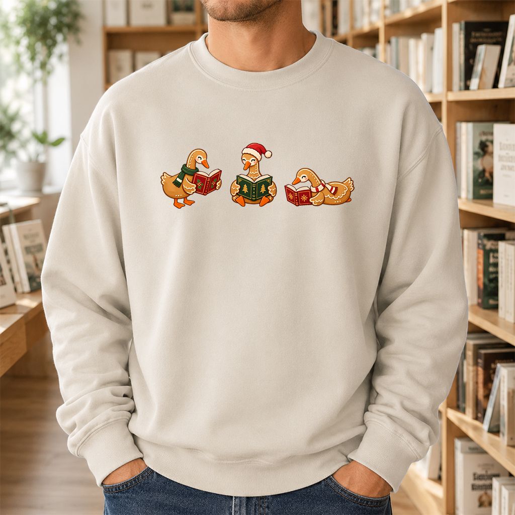 Gingerbread Ducks Reading Printed Sweatshirt | Christmas Gift Sand