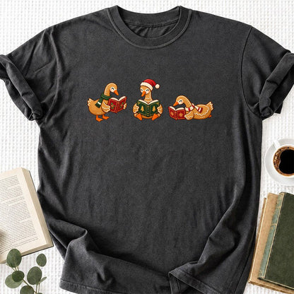 Gingerbread Ducks Reading Printed T-Shirt | Christmas Gift Dark Heather