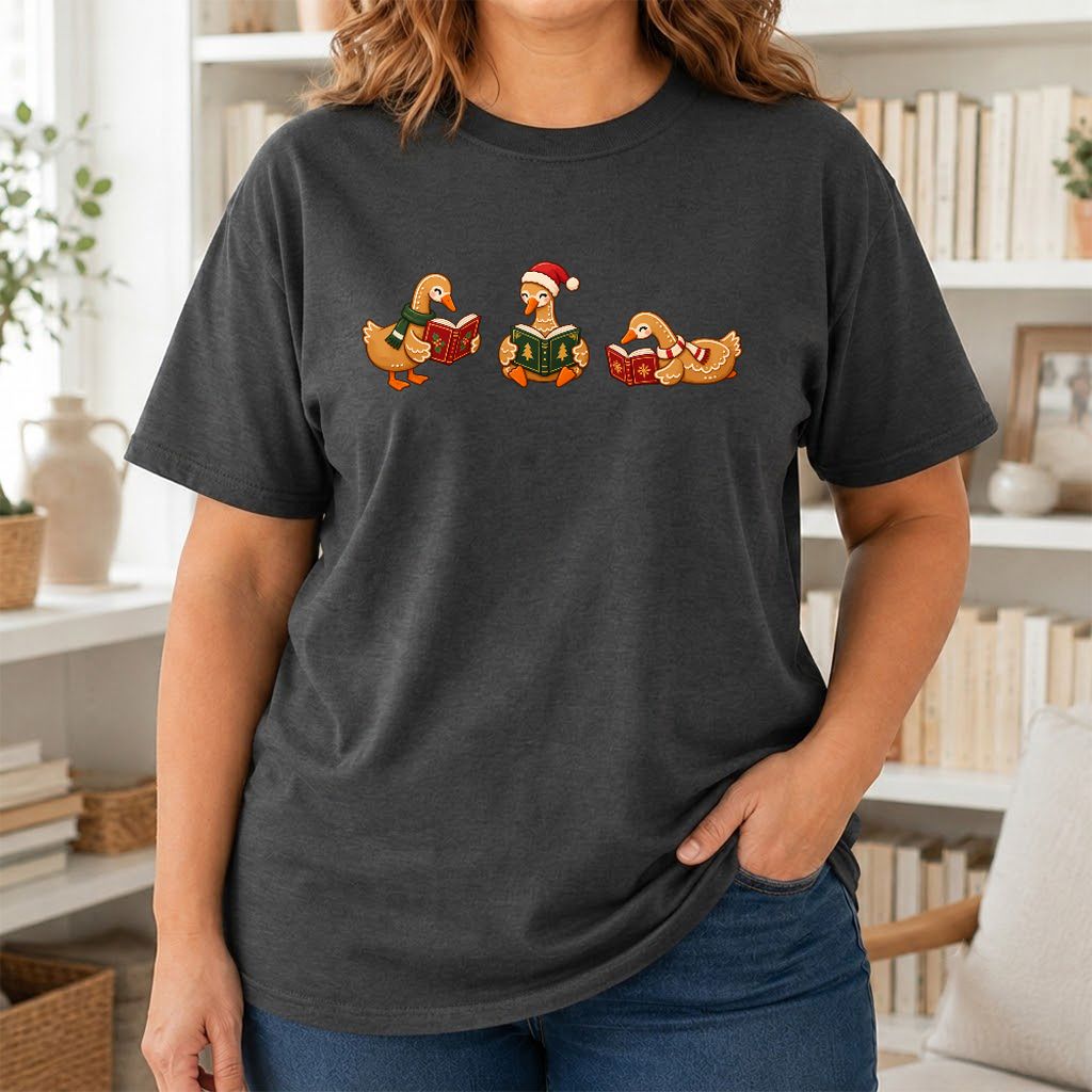 Gingerbread Ducks Reading Printed T-Shirt | Christmas Gift Dark Heather