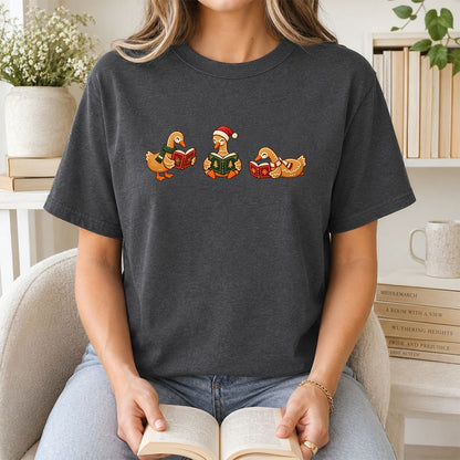 Gingerbread Ducks Reading Printed T-Shirt | Christmas Gift Dark Heather
