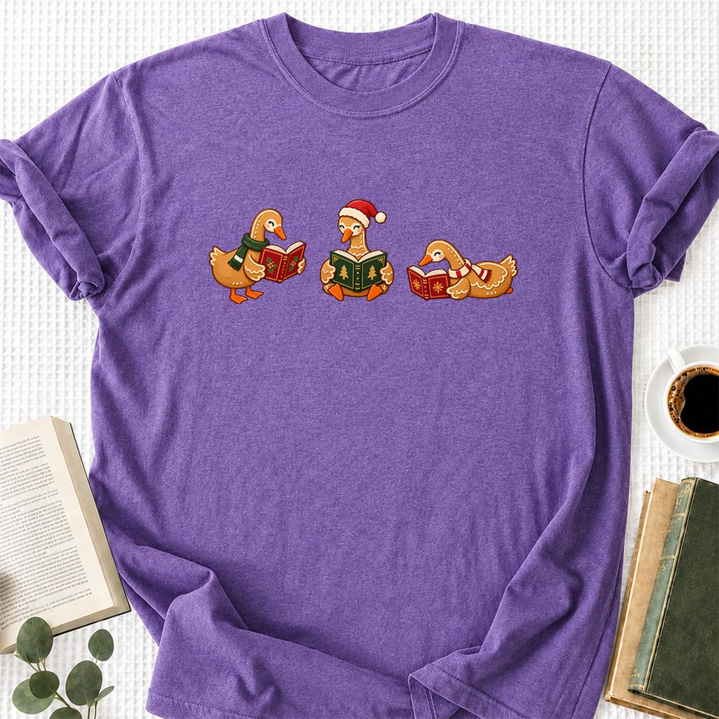 Gingerbread Ducks Reading Printed T-Shirt | Christmas Gift Heather Purple