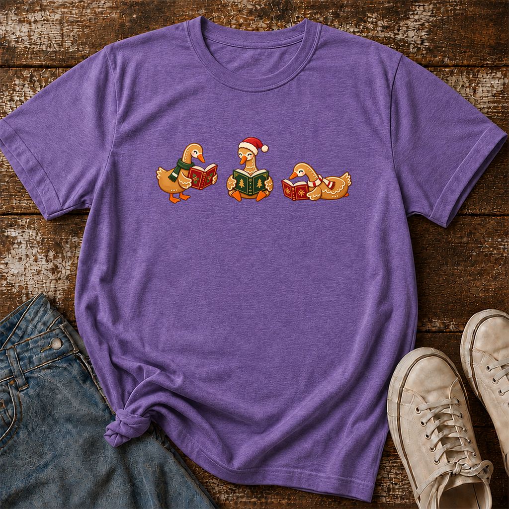 Gingerbread Ducks Reading Printed T-Shirt | Christmas Gift Heather Purple