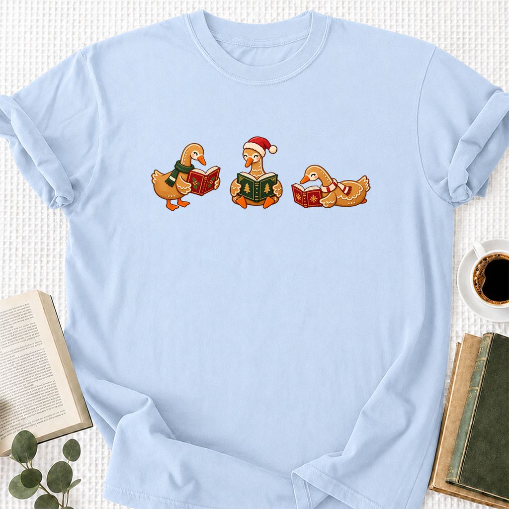 Gingerbread Ducks Reading Printed T-Shirt | Christmas Gift Light Blue